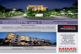Book ready to Move 3 Bedroom Luxury Apartments  at Rs 71 Lacs in MIMS Residency, Bangalore